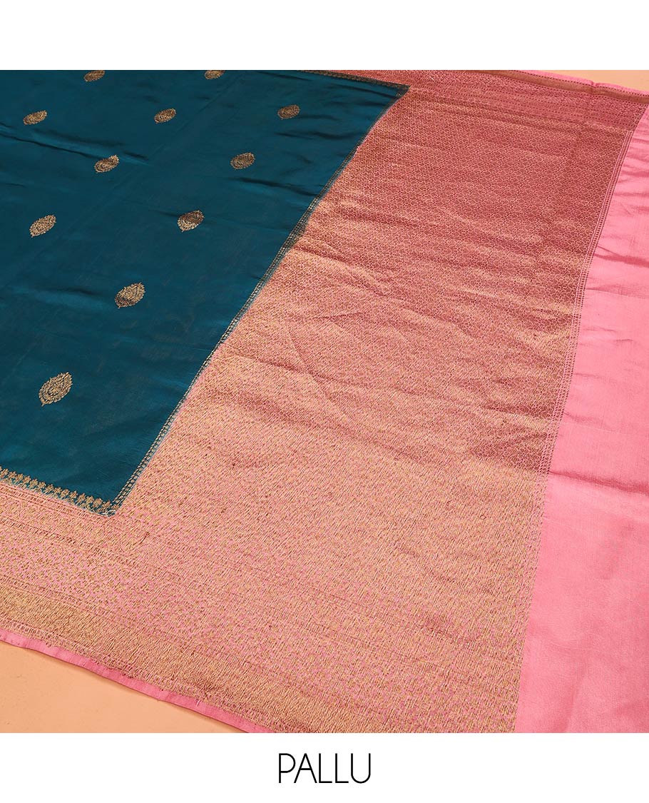 Blue Raw Mango Silk Saree Graced with Buttas, Complemented by a Contrast Traditional Zari-Designed Border, Featuring a Zari-Elevated Pallu, Paired with a Contrast Zari-Striped Blouse