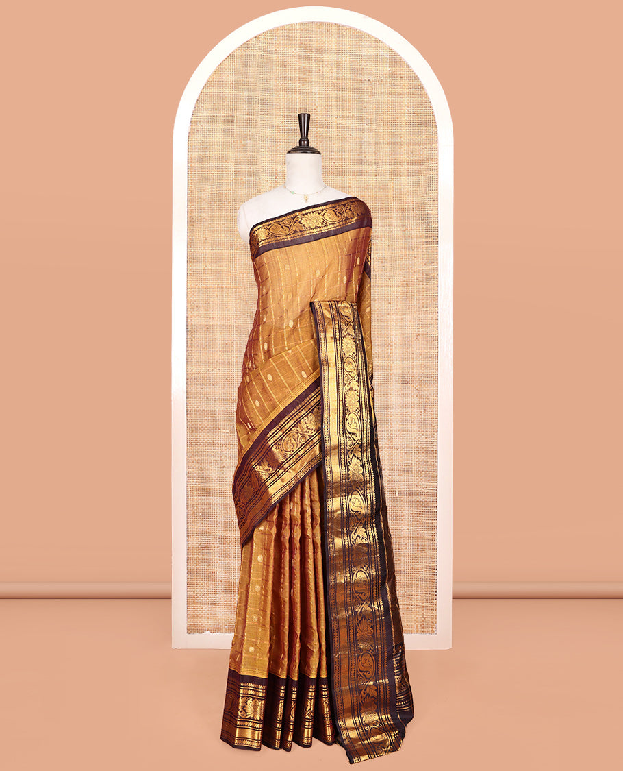 Mustard Gadwal Silk Saree, Adorned with Zari Butta Enclosed Checks, Complemented by a Contrast Traditional Zari Border, Grand Jaal Pallu, and a Contrast Blouse