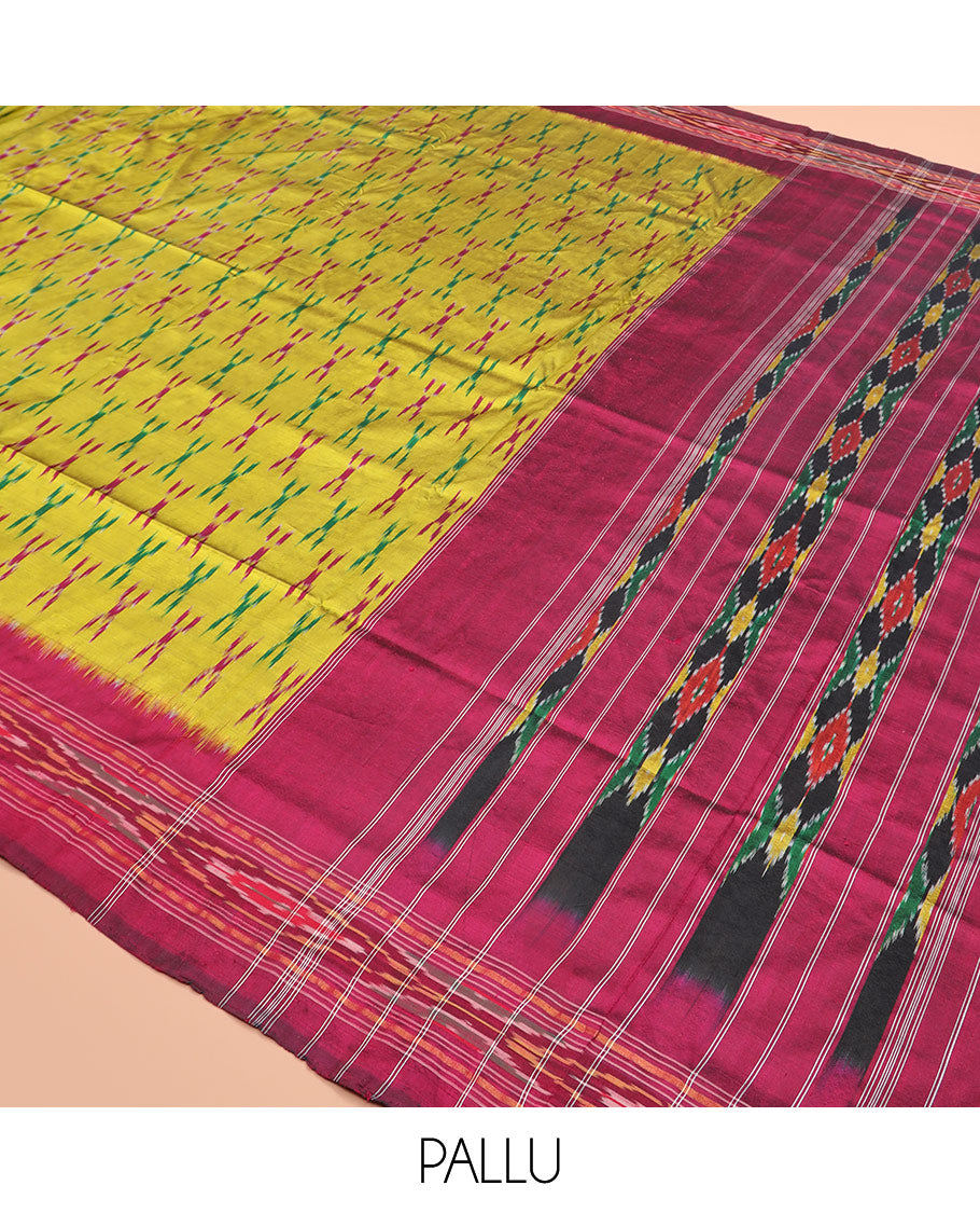Yellow Ikkat Silk Saree with Cross Buttas Across the Body, Highlighted by a Captivating Contrast Ikkat-Textured Border, Featuring a Pallu Designed with Stripes and Ikkat Texture