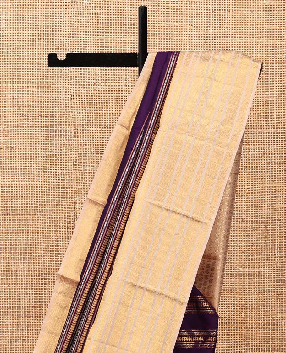 Purple Kanchipuram Designer Silk Saree, Boldly Accentuated with Manga Designs, Contrast Border of Chakram, Rekku, Kathir, and Jada Nagam Designs, Paisley Pallu, and a Contrast Blouse