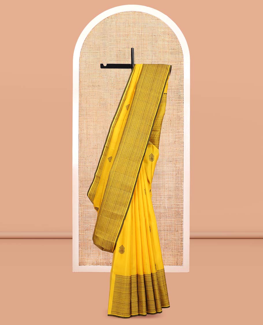 Yellow Kanchipuram Silk Saree, Crafted with Thread Buttas, a Self-Border of Manga, Ara Maadam, Kathir, Mayil Kann, Jaal Pallu, and a Matching Blouse