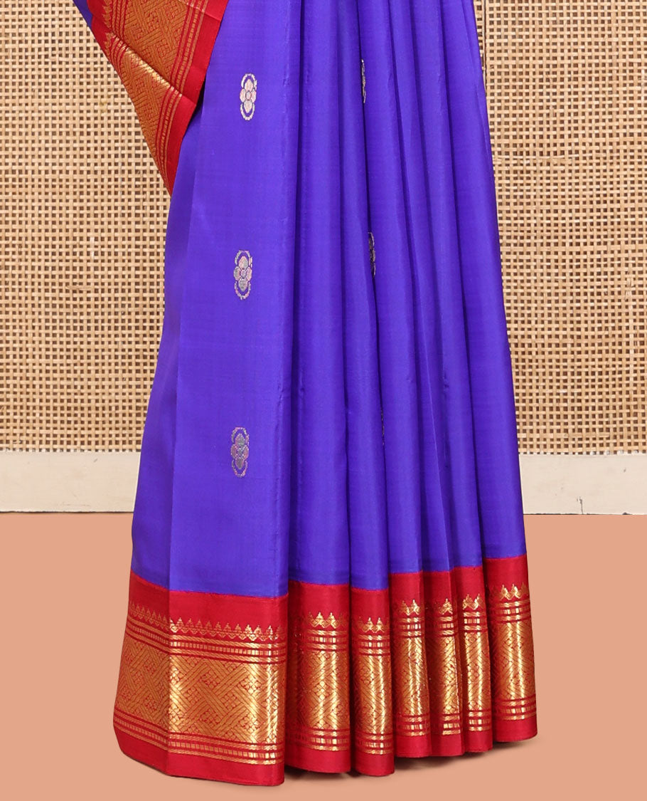 Violet Kanchipuram Silk Saree, Woven with Zari Buttas, a Contrast One-Sided Korvai Border of Salngai, Banaras, Muthu, and Geometric Designs, Zari Design Pallu, and No Blouse