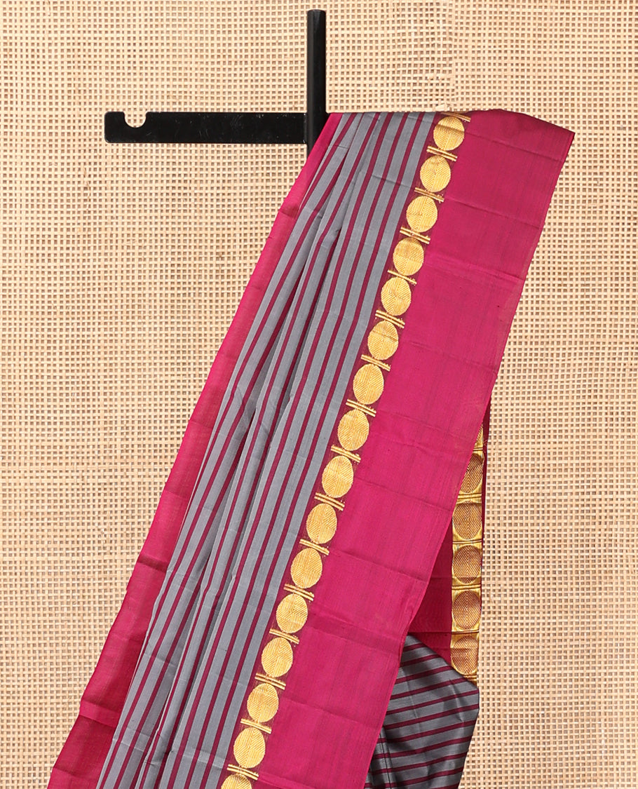 Grey Striped Kanchipuram Silk Saree, Complemented by a Contrast Kal Eragina Border of Rudraskham Design, Pallu of Zari Design, and a Contrast Blouse