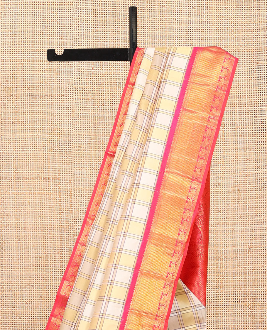 Multi-Color Burberry-Style Checked Kanchipuram Silk Saree, Contrast Border of Thilakam Mokku, Muthu, and Mayil Design, Ara Maadam Pallu, and a Contrast Blouse