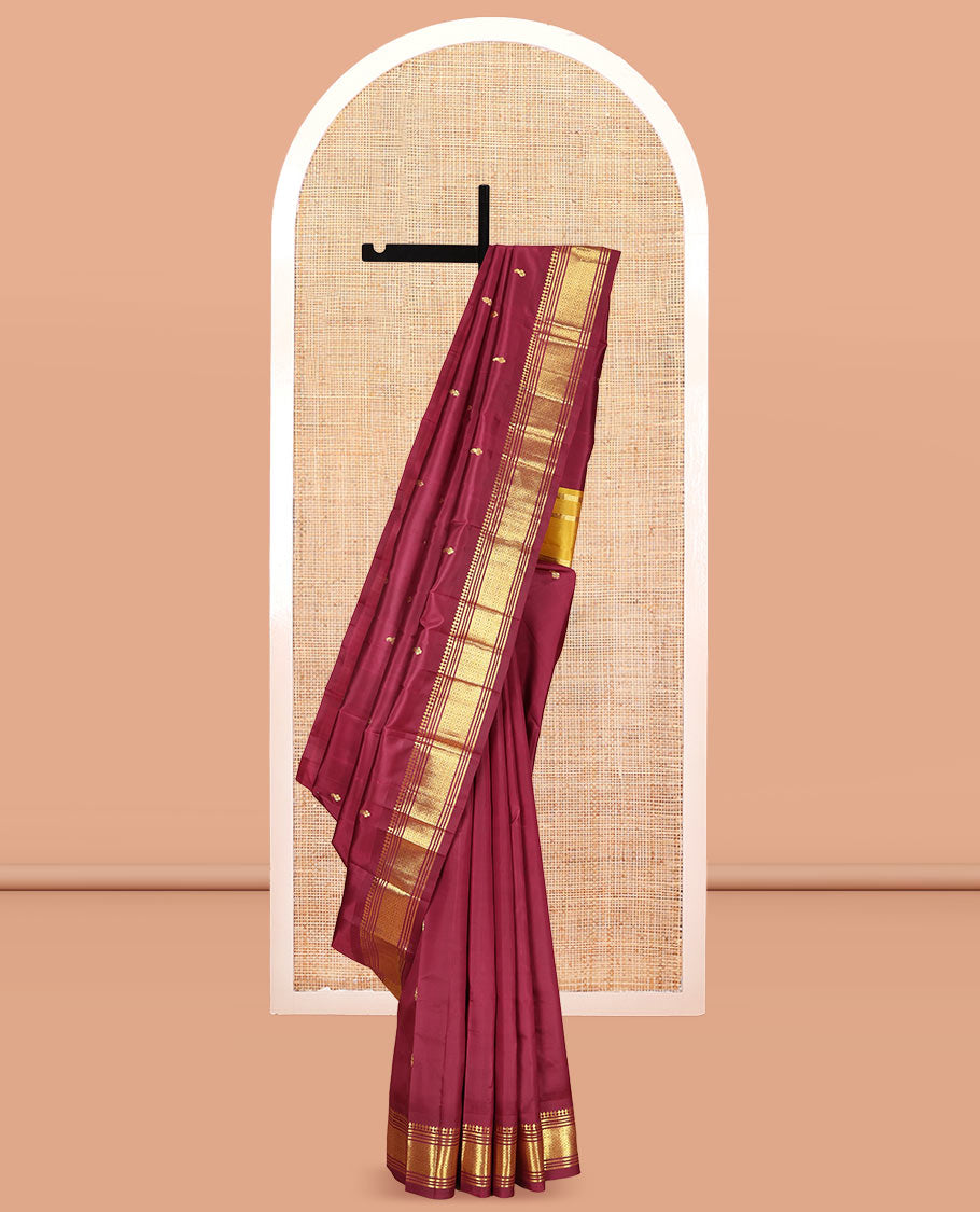 Maroon Kanchipuram Silk Saree, Graced with Zari Buttas, Highlighted by a One-Sided Zari Border of Panner Sombu, Banaras, Muthu, and Jaal Designs, Contrast Grand Pallu, and a No Blouse
