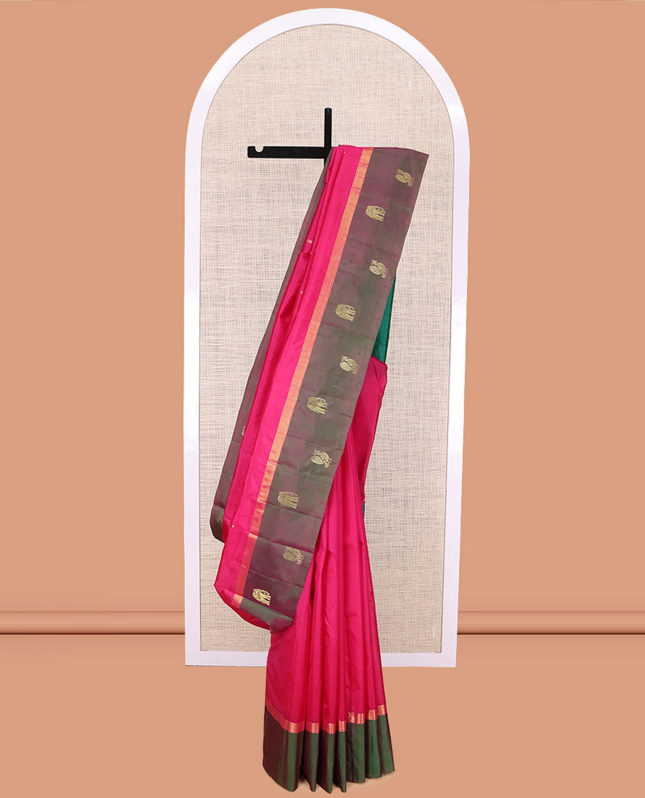 Pink Kanchipuram Silk Saree, Woven with Zari Buttas, Complemented by a Contrast Mayil and Yaanai Border, Pallu of Zari Design, and Contrast Blouse