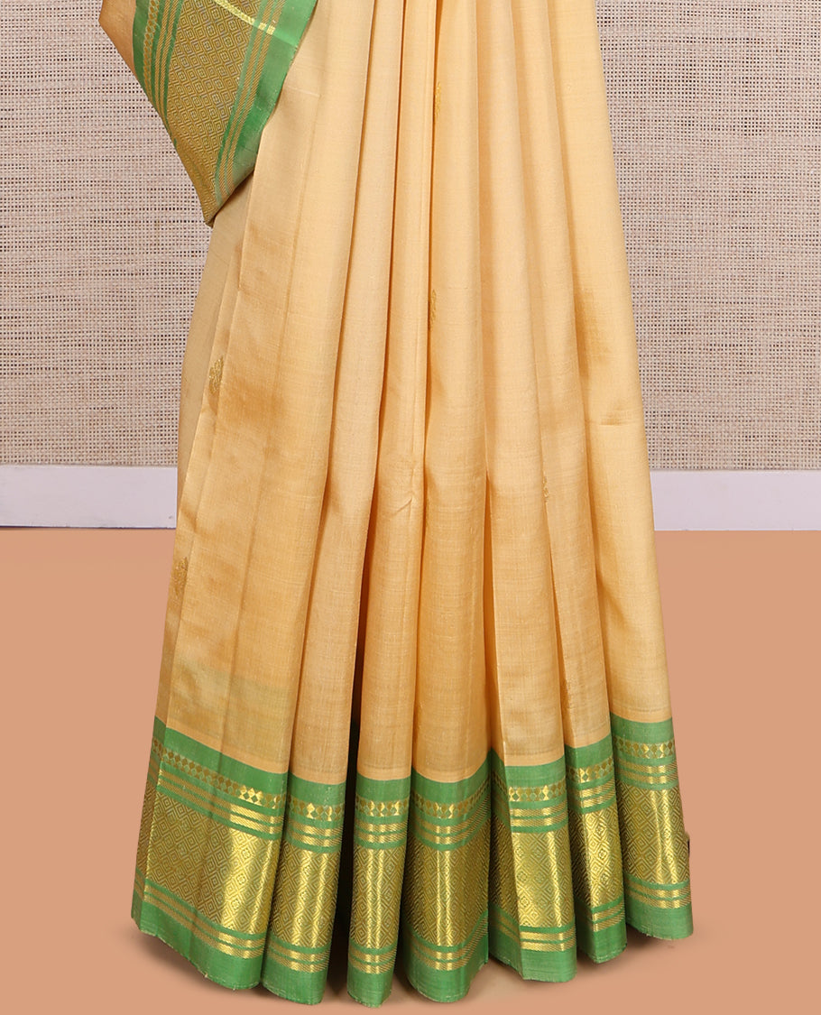 Sandal Kanchipuram Silk Saree, Subtly Woven with Zari Buttas, a Contrast One-Sided Border of Paneer Sombu, Banaras and Jaal Design, Zari Design Pallu, and No Blouse