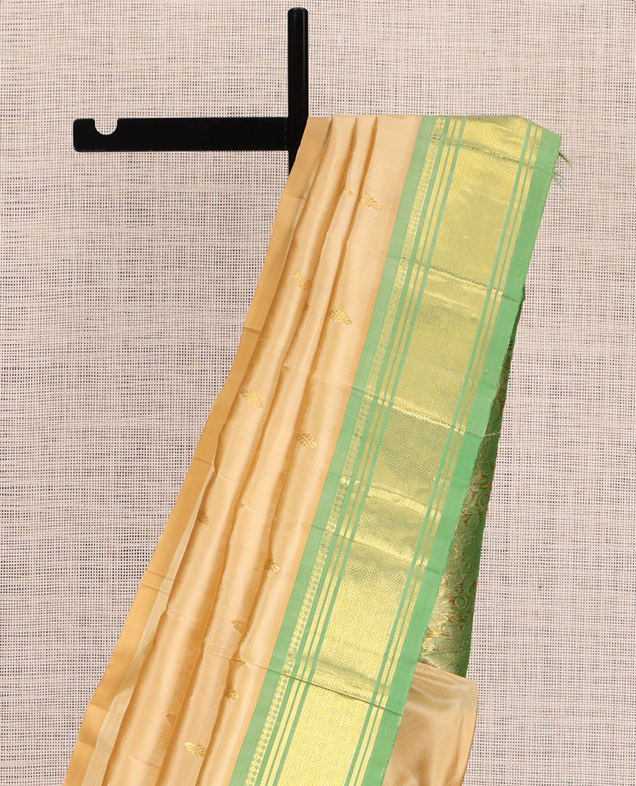 Sandal Kanchipuram Silk Saree, Subtly Woven with Zari Buttas, a Contrast One-Sided Border of Paneer Sombu, Banaras and Jaal Design, Zari Design Pallu, and No Blouse
