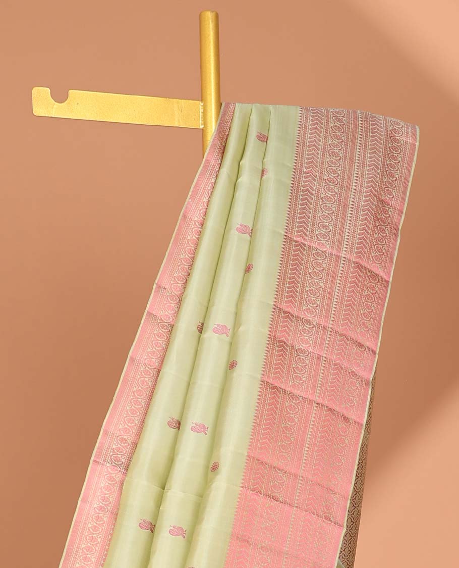 Mint green buttas kancheepuram silk saree with contrast border of rekku, muthu, banaras, poo chakram design & zari design pallu