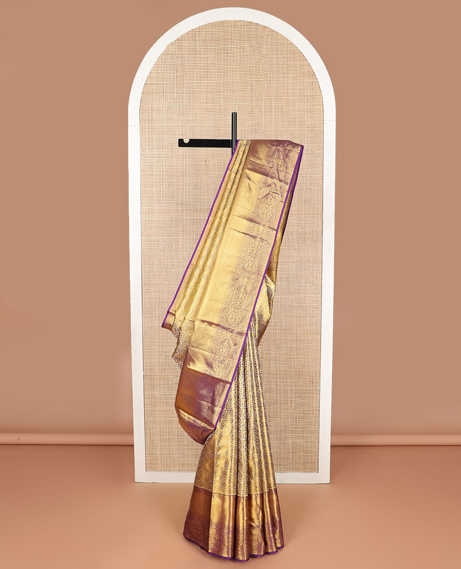 Purple floral design kancheepuram tissue silk saree with self border of thilakam mokku, kathir, banaras, mayil kann design & zari design pallu