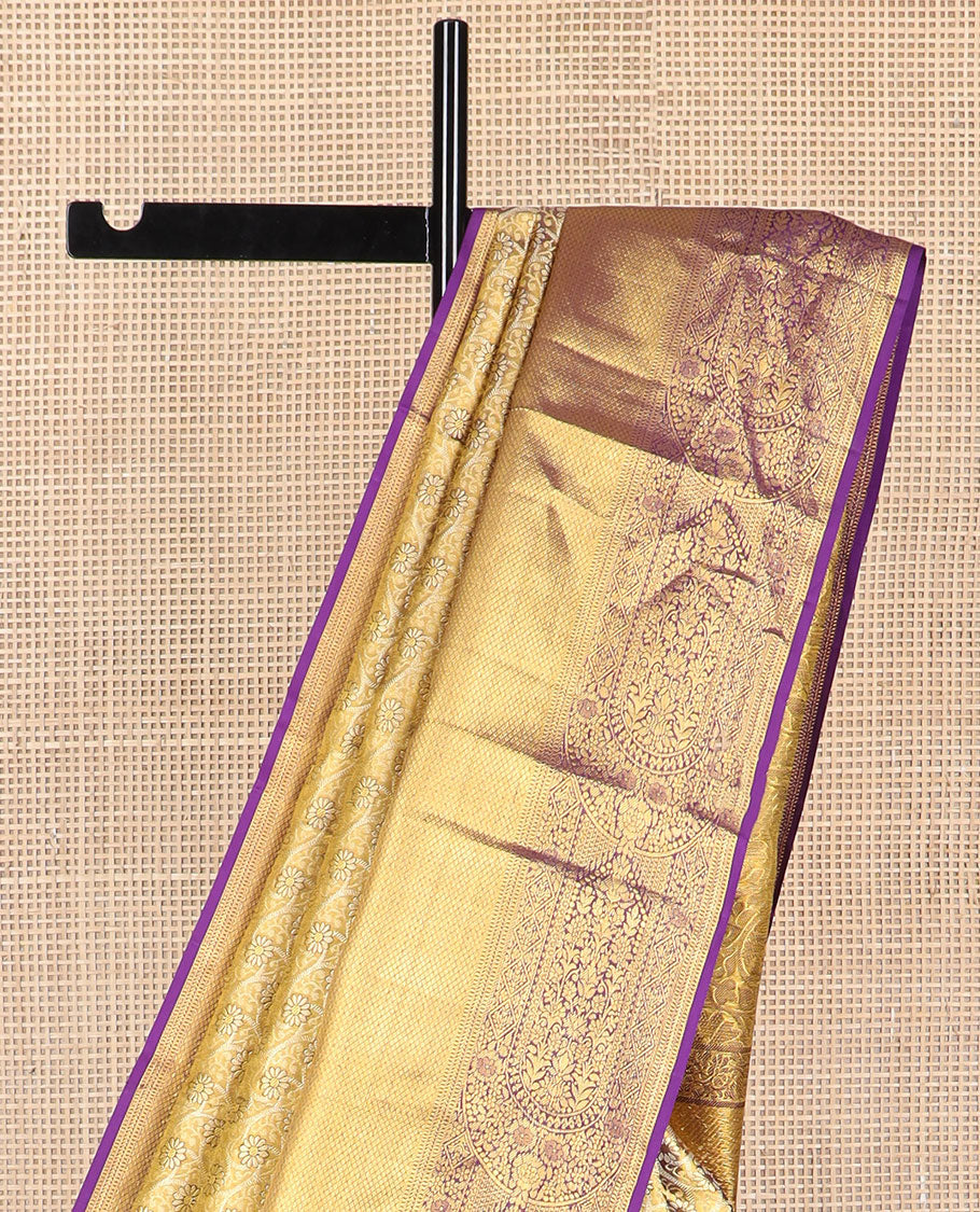 Purple floral design kancheepuram tissue silk saree with self border of thilakam mokku, kathir, banaras, mayil kann design & zari design pallu
