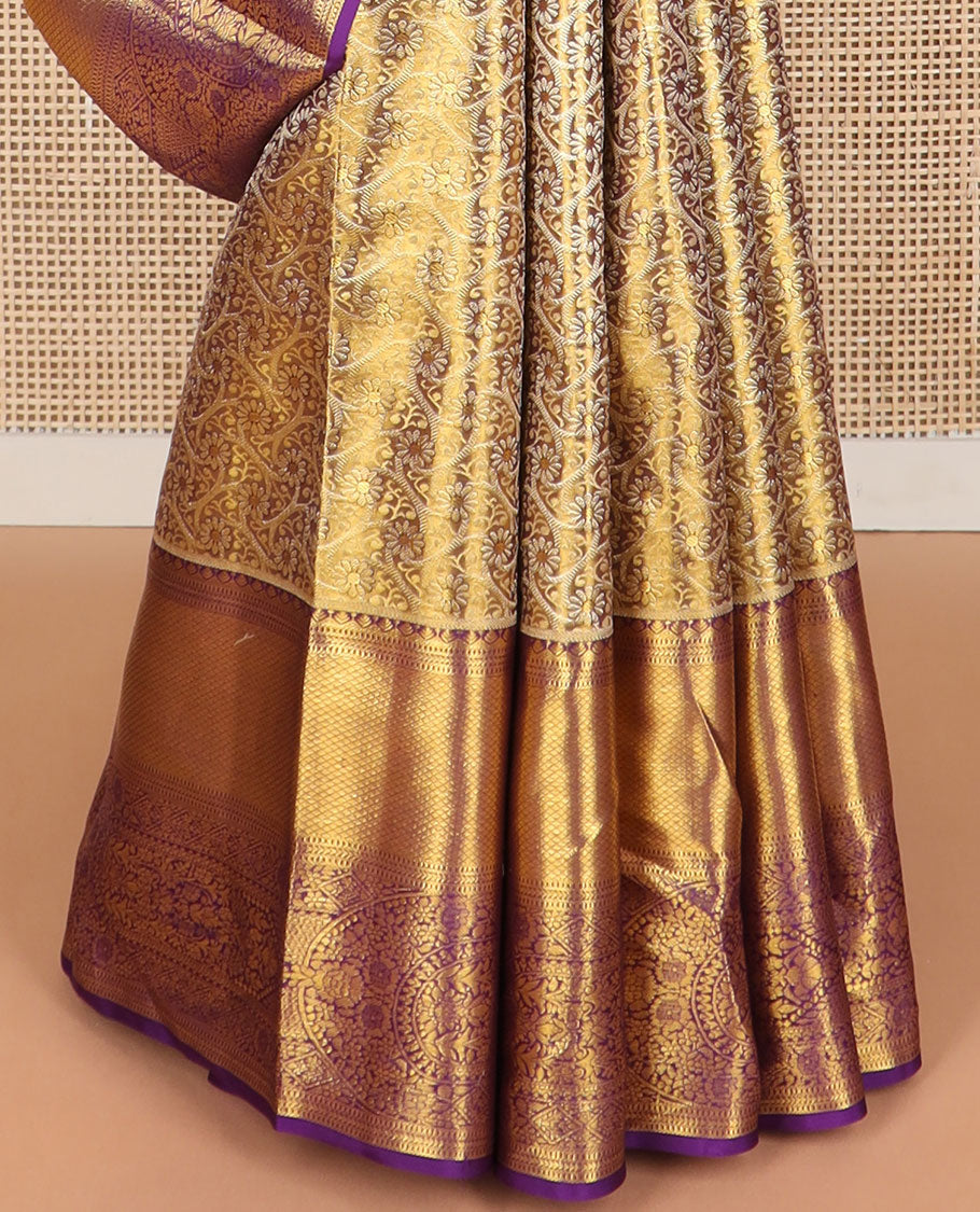 Purple floral design kancheepuram tissue silk saree with self border of thilakam mokku, kathir, banaras, mayil kann design & zari design pallu