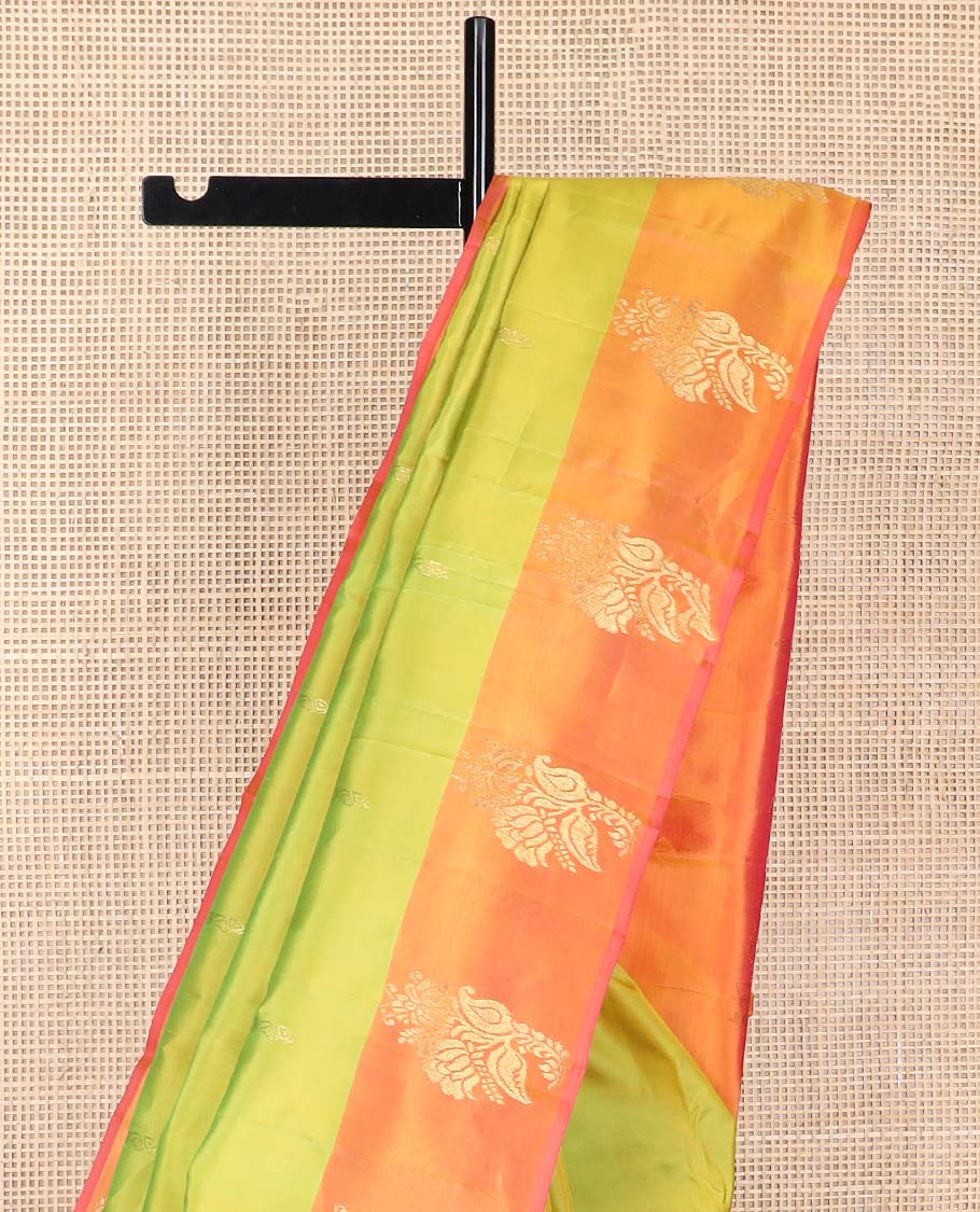 Green kancheepuram silk saree with contrast floral design border & floral motifs pallu