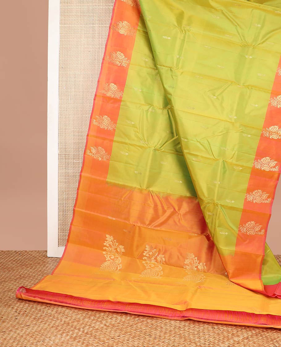 Green kancheepuram silk saree with contrast floral design border & floral motifs pallu