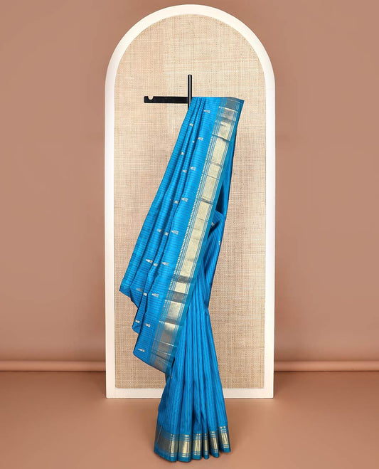 Blue striped & zari buttas Kanchipuram silksaree, one-sided border of panner sombu,banaras,muthu & jaal designs & zari design pallu