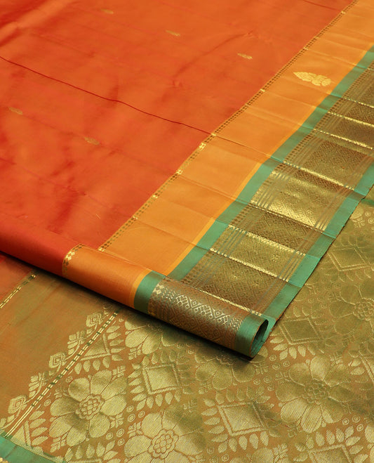 Orange zari buttas Kanchipuram silk saree, contrast border of panner sombu, banaras, muthu & jaal design & pallu of floral & jaal design