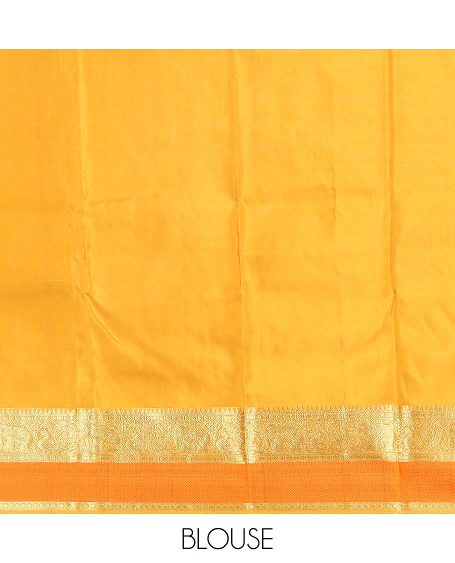 Orange checked with kuthirai and iruthalai pakshi buttas Kanchipuram silk saree, zari border of rekku, paisa, yaanai, mayil, and mayil kann, and paiyadi kattam pallu