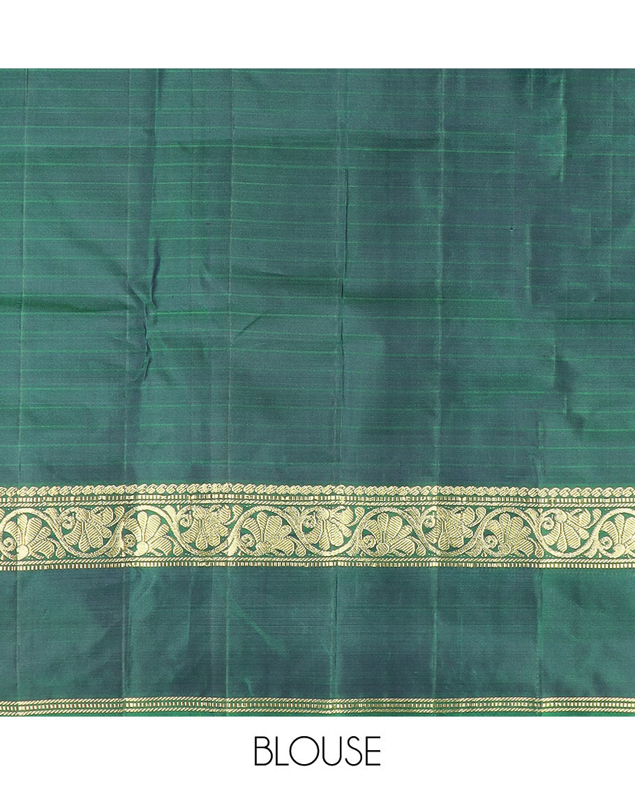 Maroon striped Kanchipuram silk saree, contrast rettai pettu border of manga, muthu, banaras, and kodi visiry designs, and zari striped pallu