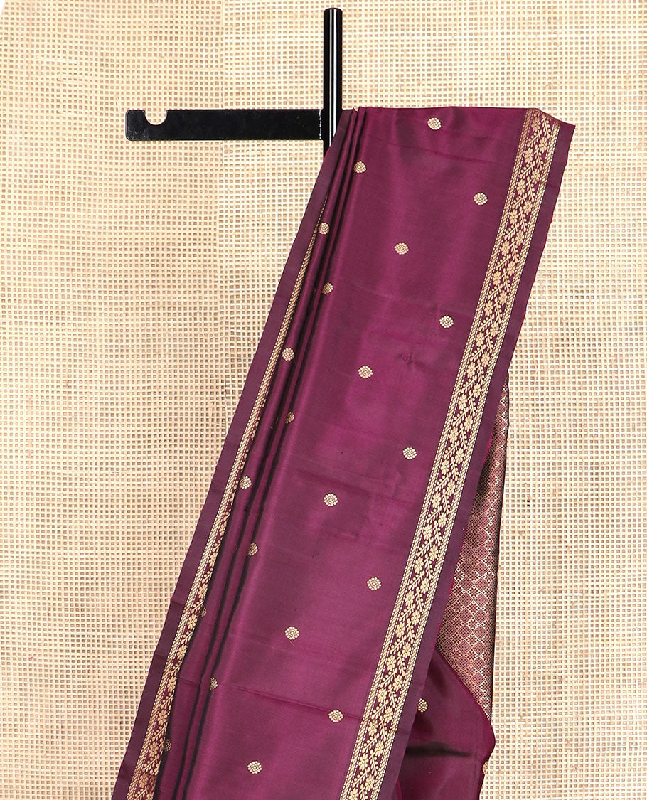 Maroon chakram buttas Kanchipuram silk saree, self-border of muthu, banaras, and floral designs, and jaal pallu