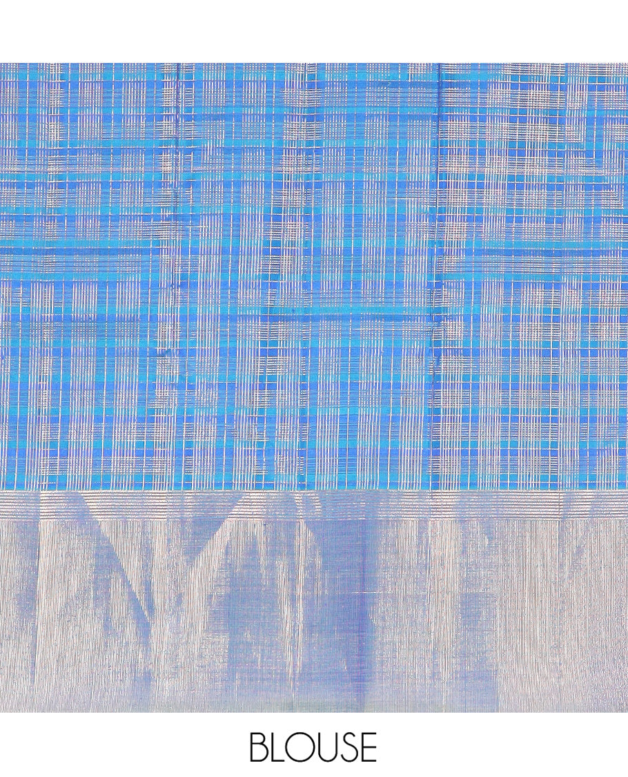 Blue Kanchipuram Silk Saree Highlighted by Checks All Over Its Body, Subtle Self-Border of Zari Designs, Pallu of Traditional Seppu Rekku Designs, and Paired with a Matching Blouse