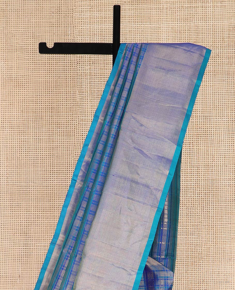 Blue Kanchipuram Silk Saree Highlighted by Checks All Over Its Body, Subtle Self-Border of Zari Designs, Pallu of Traditional Seppu Rekku Designs, and Paired with a Matching Blouse