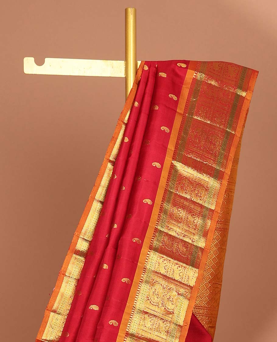 Red paisley buttas kanchipuram silk saree with contrast border of intricate zari design border & zari design pallu