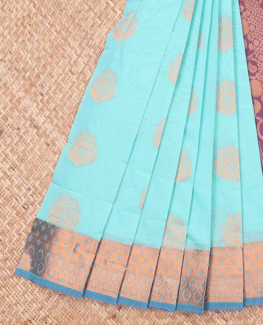 Light blue motifs kora cotton saree with contrast zari design border & intricate zari design pallu