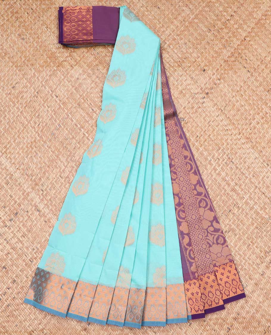 Light blue motifs kora cotton saree with contrast zari design border & intricate zari design pallu