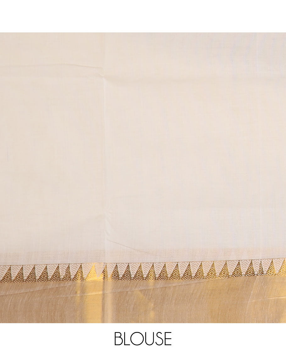 Cream zari design Kerala saree, zari temple border, and pallu of temple and floral designs