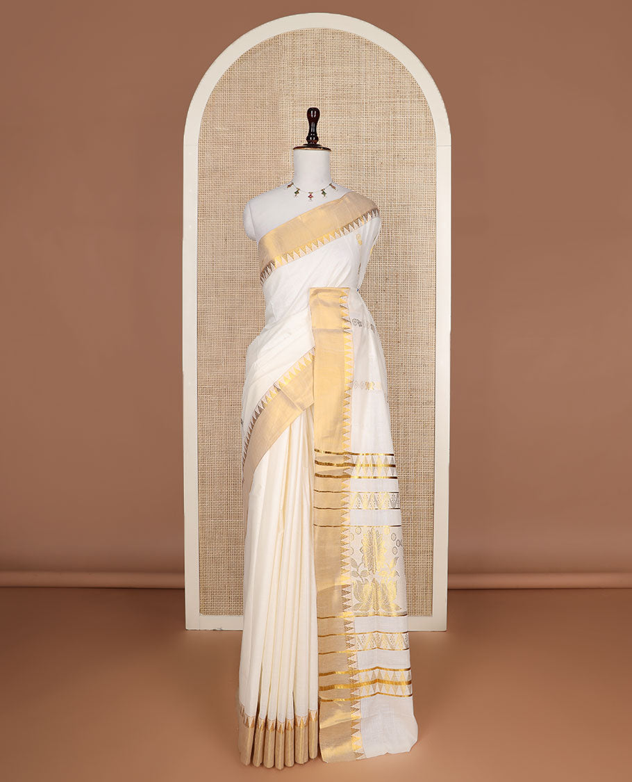 Cream zari design Kerala saree, zari temple border, and pallu of temple and floral designs