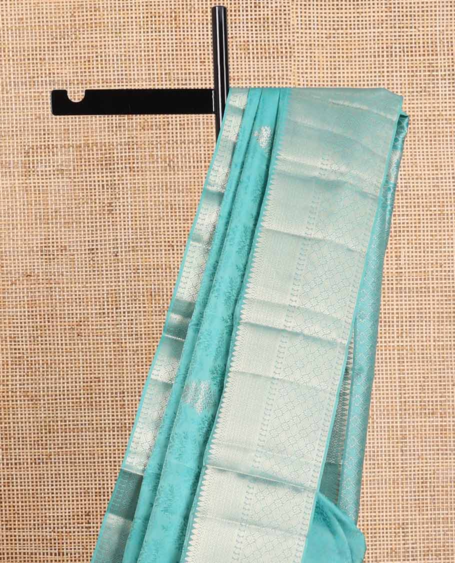 Sea blue leaf design kancheepuram silk saree with self floral design border & geometric design pallu
