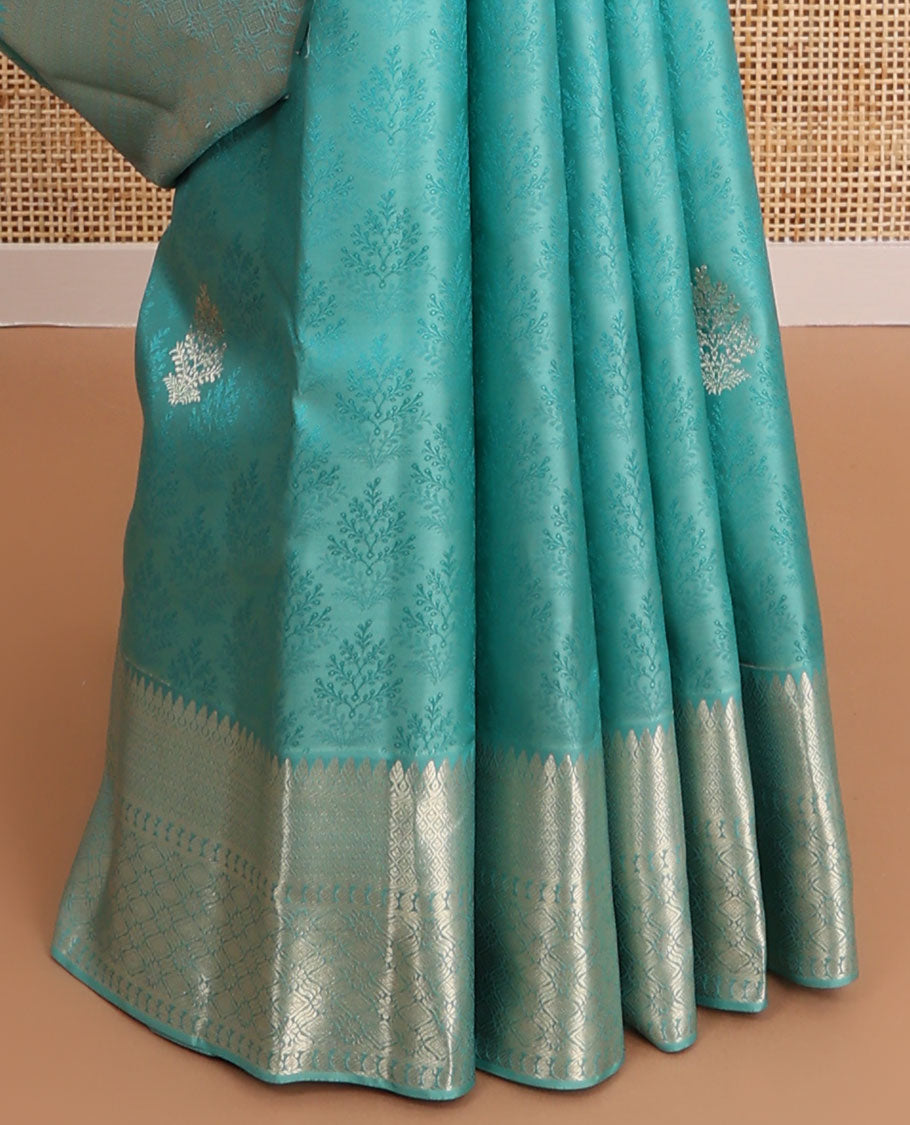 Sea blue leaf design kancheepuram silk saree with self floral design border & geometric design pallu