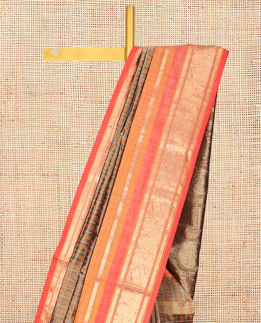 Brown Kuppadam Silk Saree, Finely Crafted with Butta Enclosed Checks, a Contrast Traditional Peacock-Elephant Border, Pallu of Peacock Designs, and a Matching Blouse