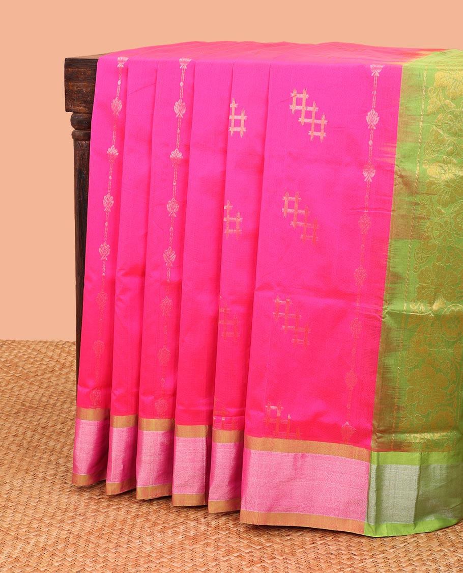 Pink kupadam cotton saree with zari buttas, contrast plain border & pallu of intricate designs