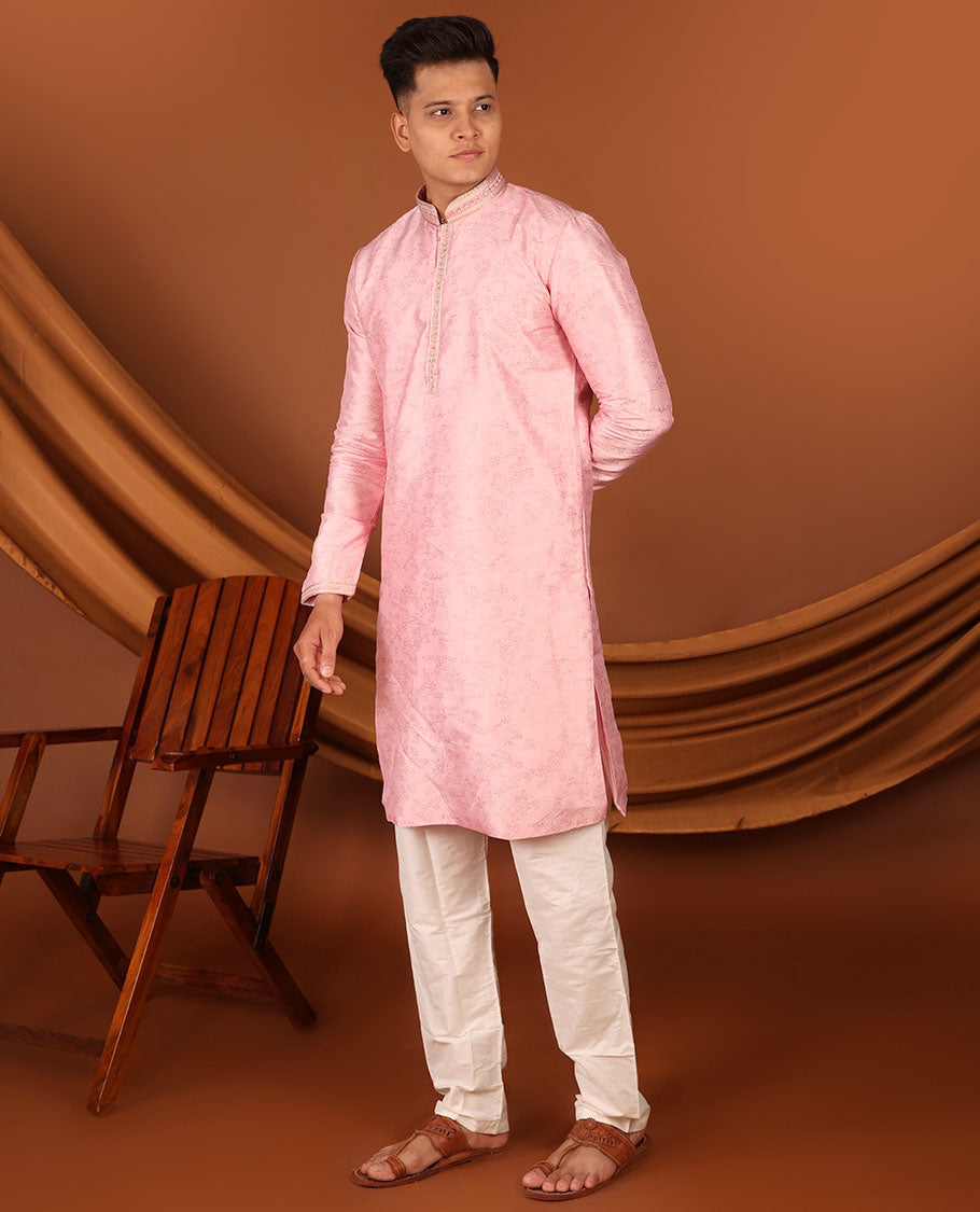 Pink Floral Motifs Sparsely Print with Neck Embroidery Full-Sleeved Men's Kurta, Comes with Pants