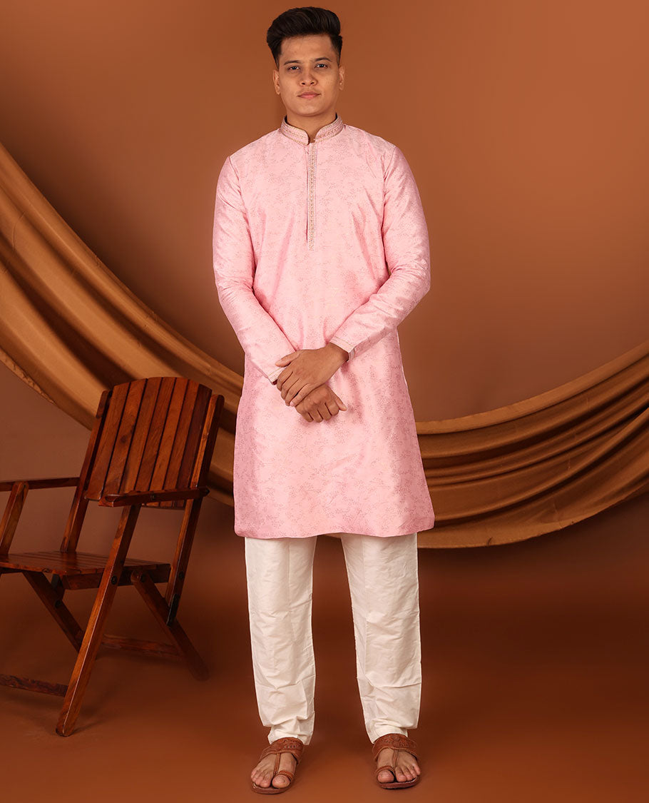 Pink Floral Motifs Sparsely Print with Neck Embroidery Full-Sleeved Men's Kurta, Comes with Pants
