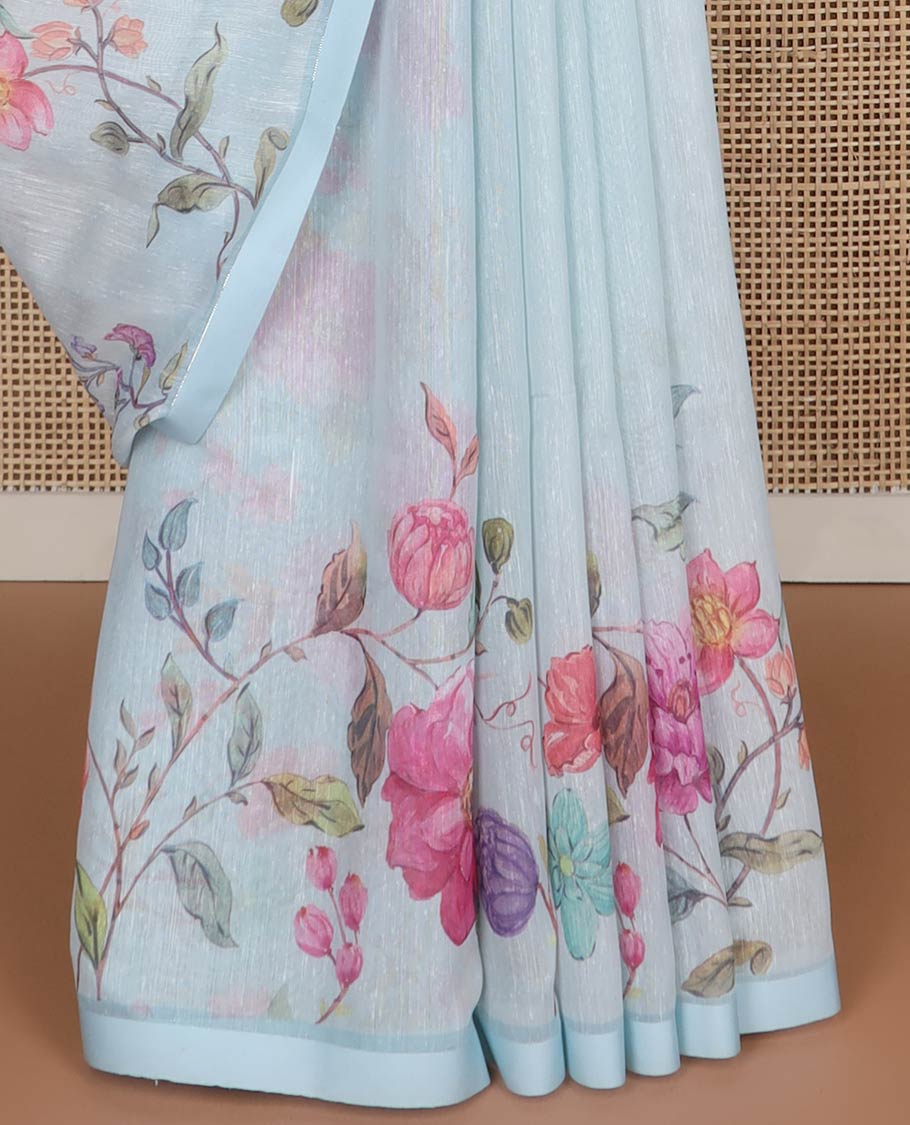 Ligh blue floral design linen saree with self plain border