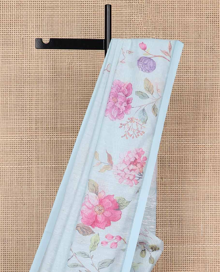Ligh blue floral design linen saree with self plain border