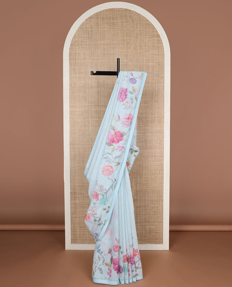 Ligh blue floral design linen saree with self plain border