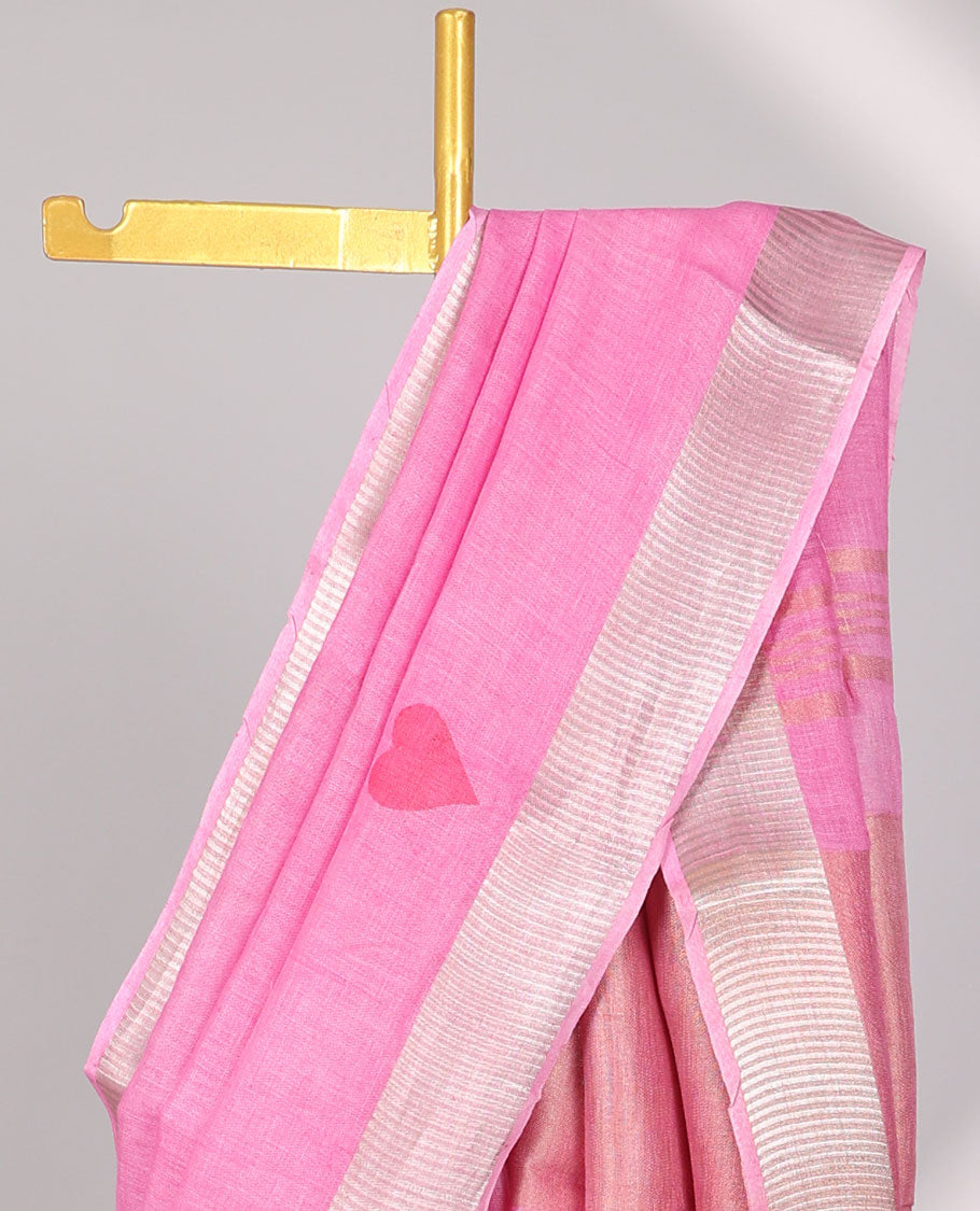 Pink heart motifs linen saree with self zari border & striped zari pallu