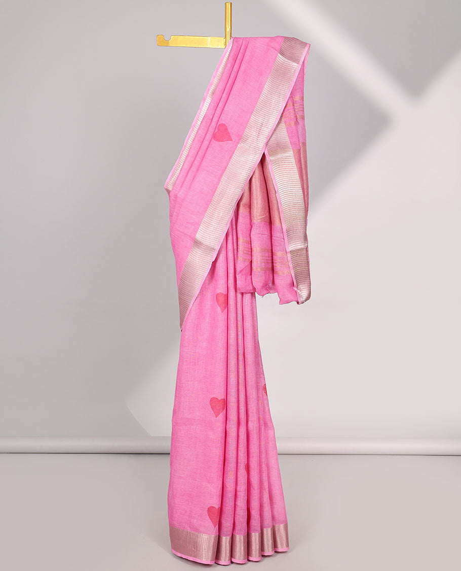 Pink heart motifs linen saree with self zari border & striped zari pallu