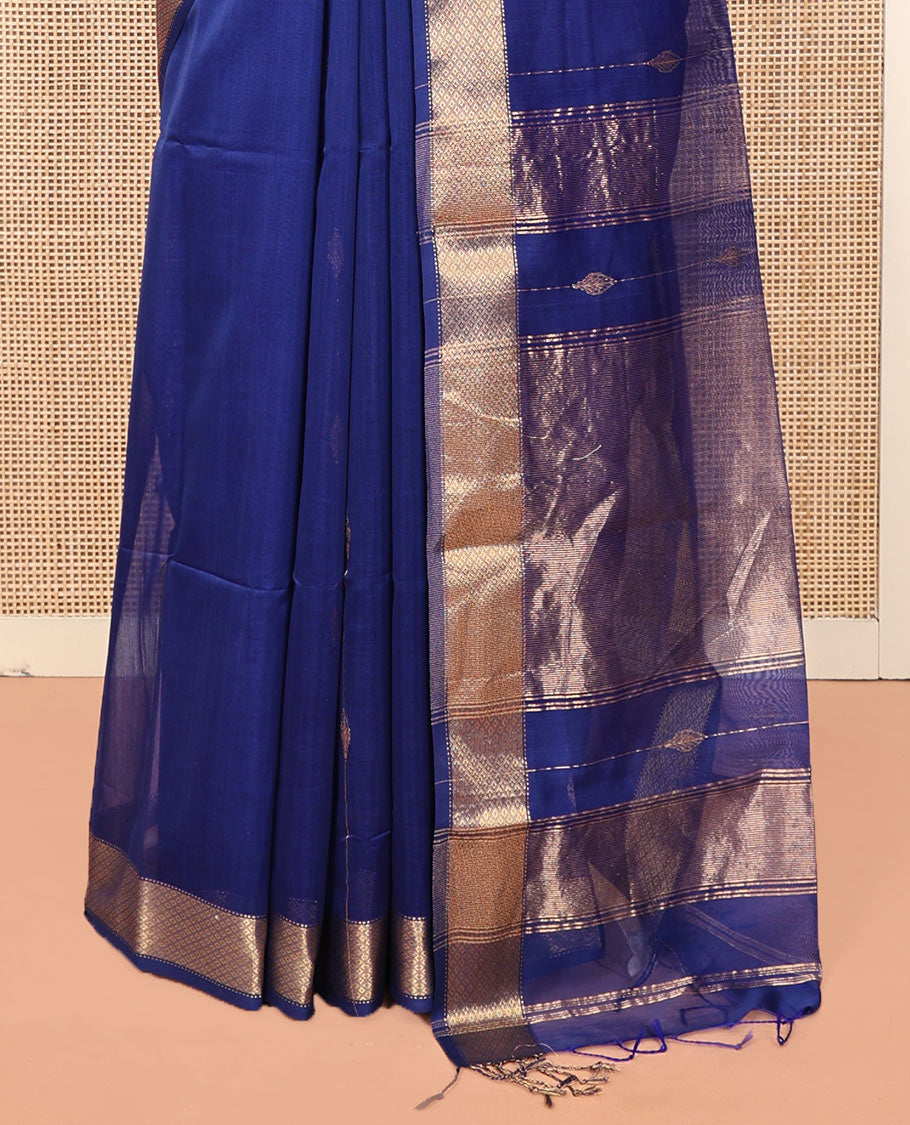 Blue Maheshwari Cotton Saree, Enthralled with Zari Stripes All Over Its Body, Highlighted by a Zari Border of Jaal Motifs, Pallu Steeped with Gleaming Zari Designs, and Paired with a Matching Blouse