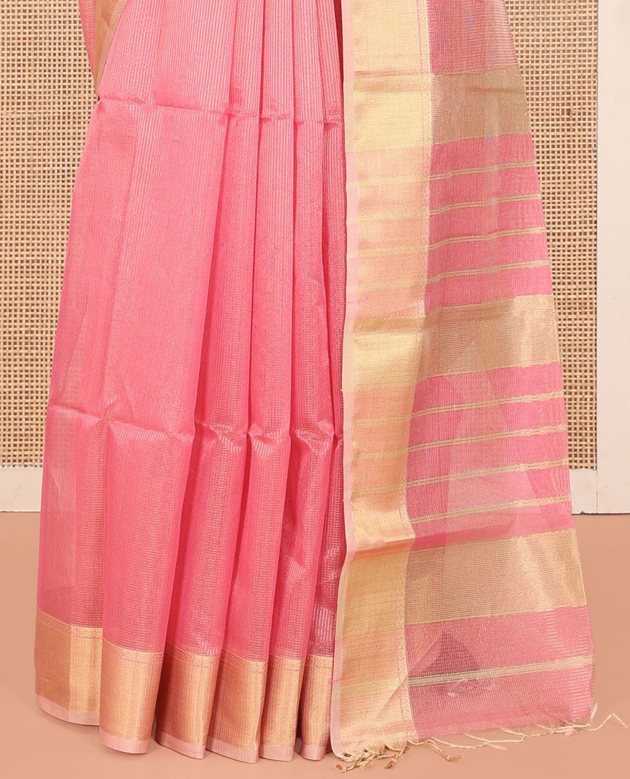 Pink Maheshwari Cotton Saree, Subtly Sparkled with Stripes, Highlighted by Zari Bavanji Border, Pallu of Zari Stripes, and Paired with a Contrast Blouse