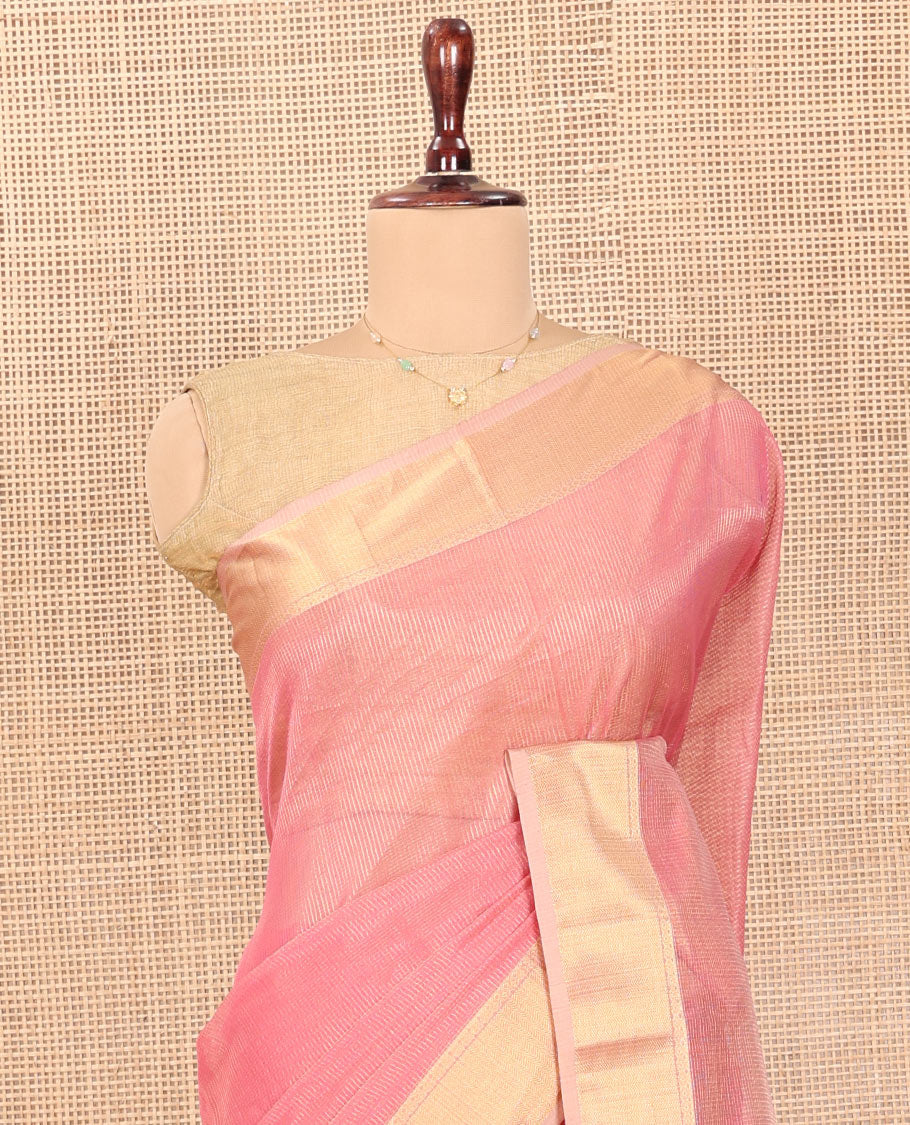 Pink Maheshwari Cotton Saree, Subtly Sparkled with Stripes, Highlighted by Zari Bavanji Border, Pallu of Zari Stripes, and Paired with a Contrast Blouse
