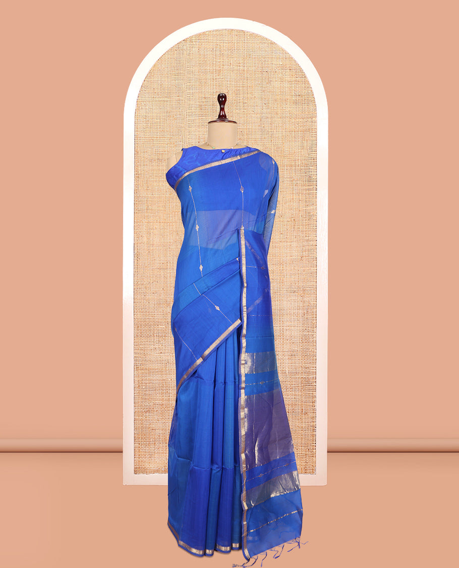M.s Blue Maheshwari Cotton Saree, Accentuated with Zari Stripes, a Piping Zari Border, Gleaming Zari Pallu, and a Matching Blouse
