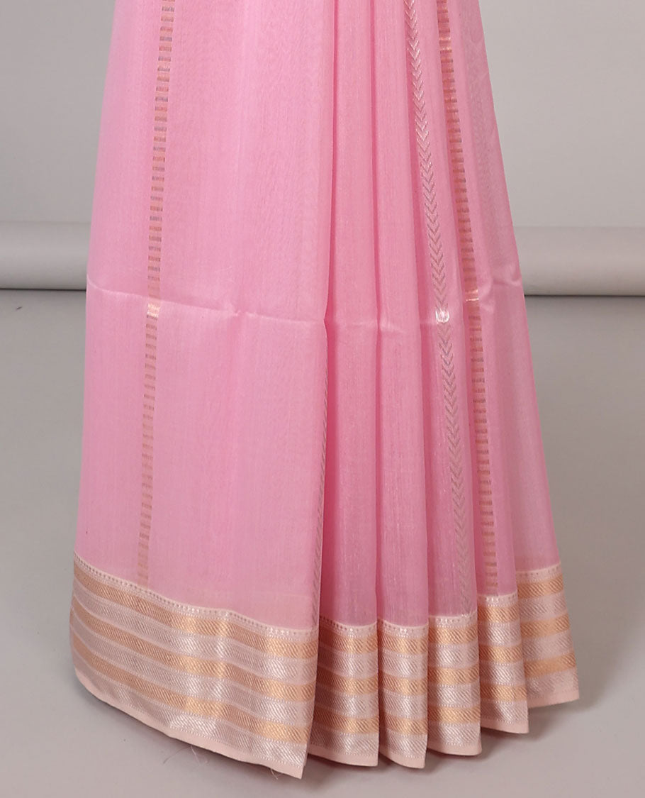 Pink striped maheshwari cotton saree with contrast zari striped border & pallu of stripes