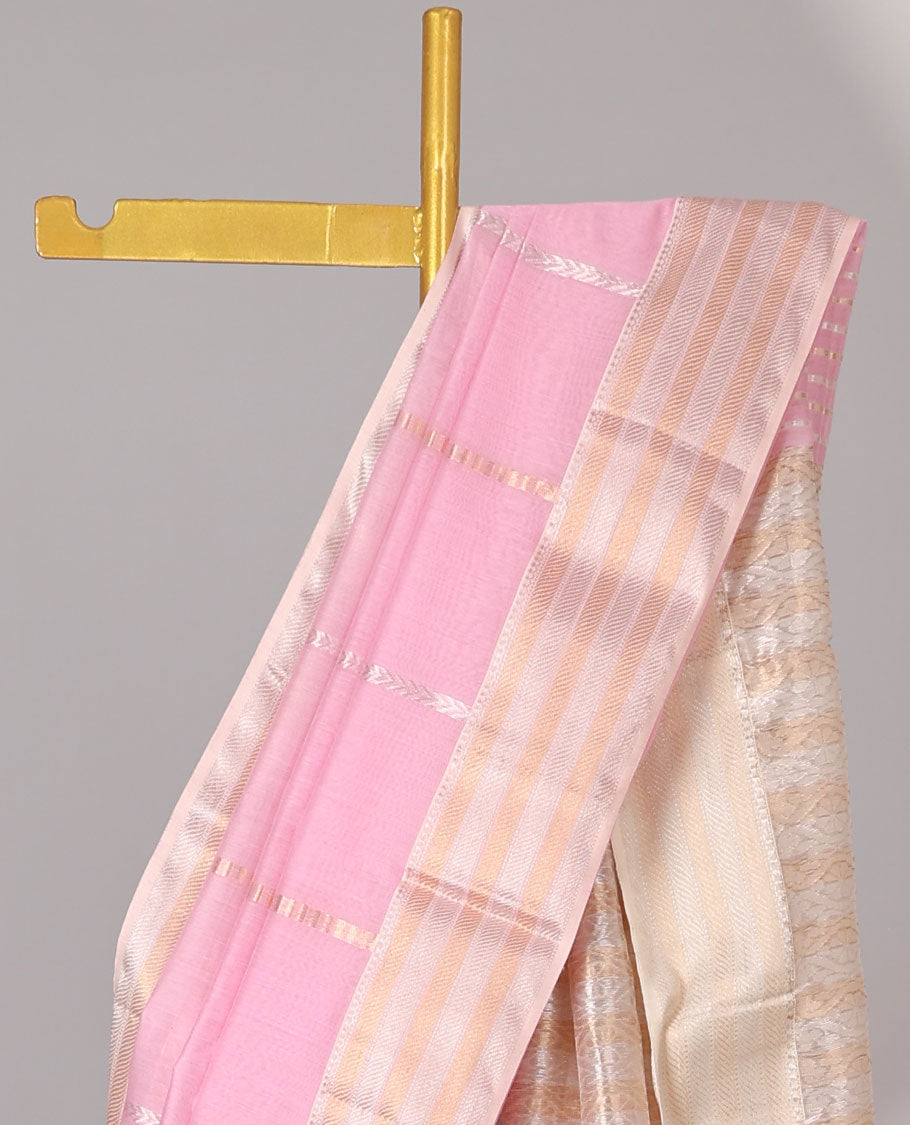 Pink striped maheshwari cotton saree with contrast zari striped border & pallu of stripes