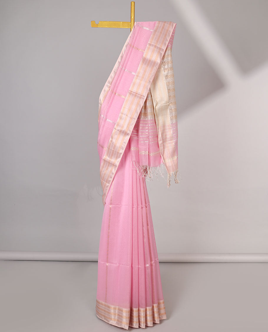 Pink striped maheshwari cotton saree with contrast zari striped border & pallu of stripes