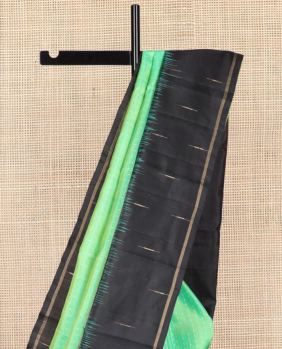 light green striped mayuri soft silk saree with contrast zari design border & geometric design pallu
