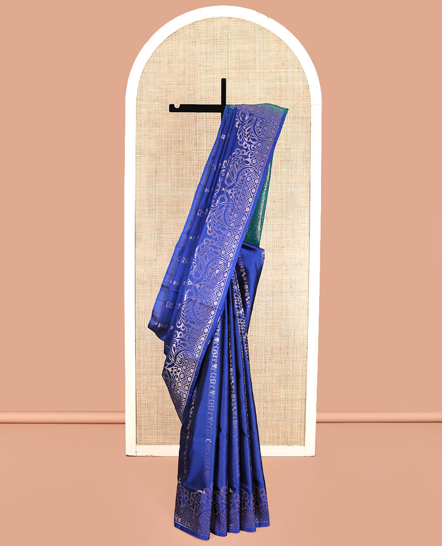 Blue Mayuri Lite Silk Mix Saree, Meticulously Crafted with Geometric Buttas, Highlighted by Peacock Motif Border, Contrast Intricate Pallu, and a Contrast Blouse